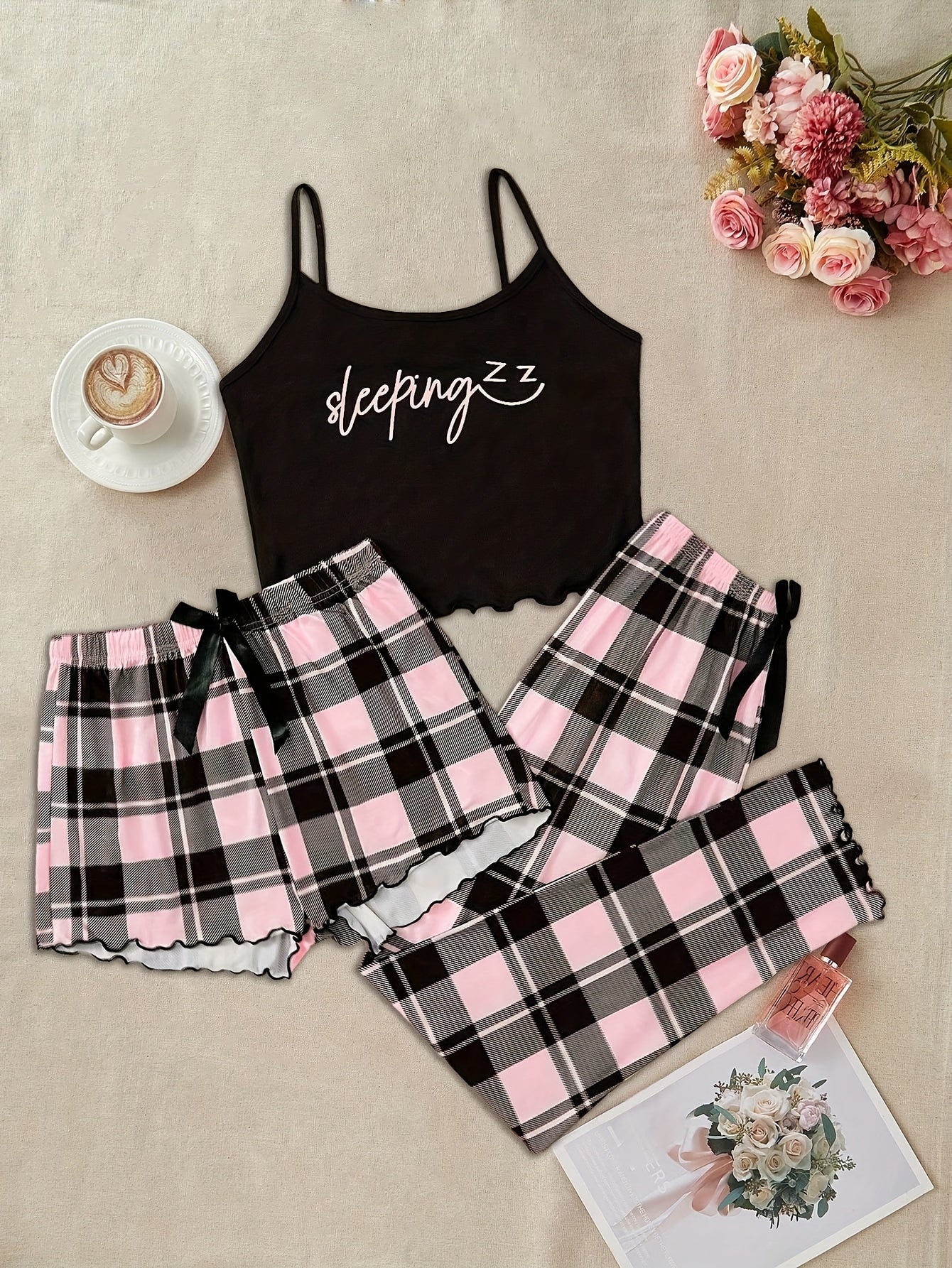 3pcs Women'S Pajama Set - Mature Gingham Pattern, Spaghetti Strap Sleeveless Top, Long Length Pants, Knit Fabric, Polyester & Elastane Blend, Comfortable All-Season Sleepwear